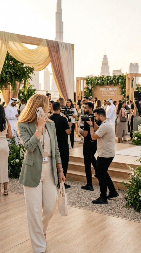 Woman on phone at a Wellness Festival with photographers and guests